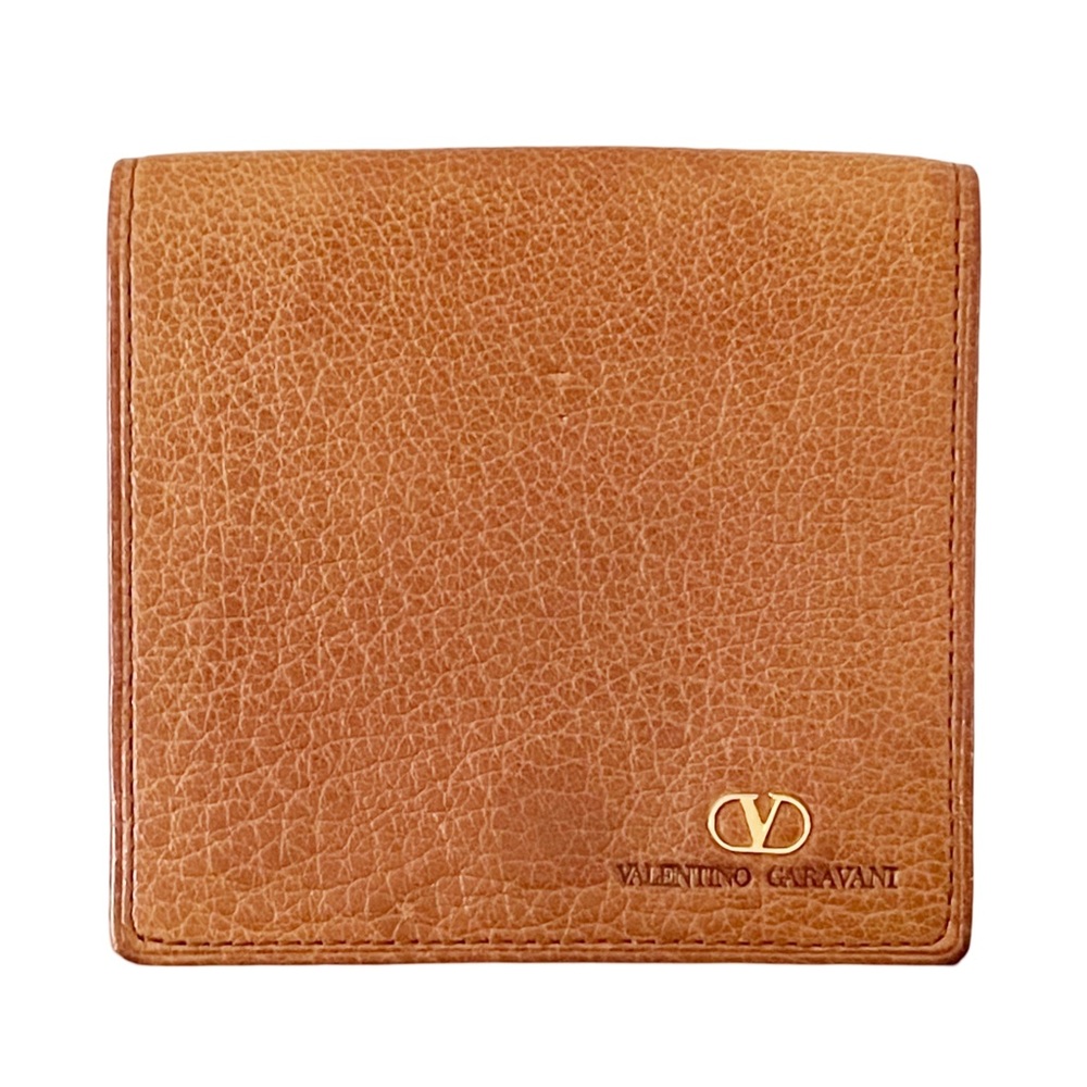Valentino Garavani brown pebbled leather coin snap pouch gold logo